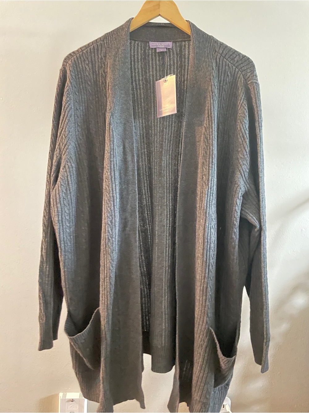 NEW Laura Scott Charcoal Cable Knit Open-Front Cardigan Pockets 3X Cozy Timeless